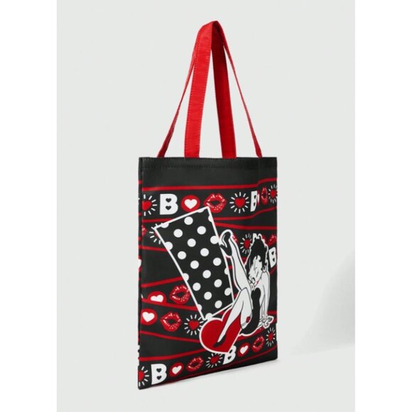Betty Boop Foldable Reusable Shopping Bag Black with Red Hearts & Lips - Picture 4 of 6
